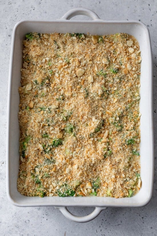 Top with crushed crackers and bake.