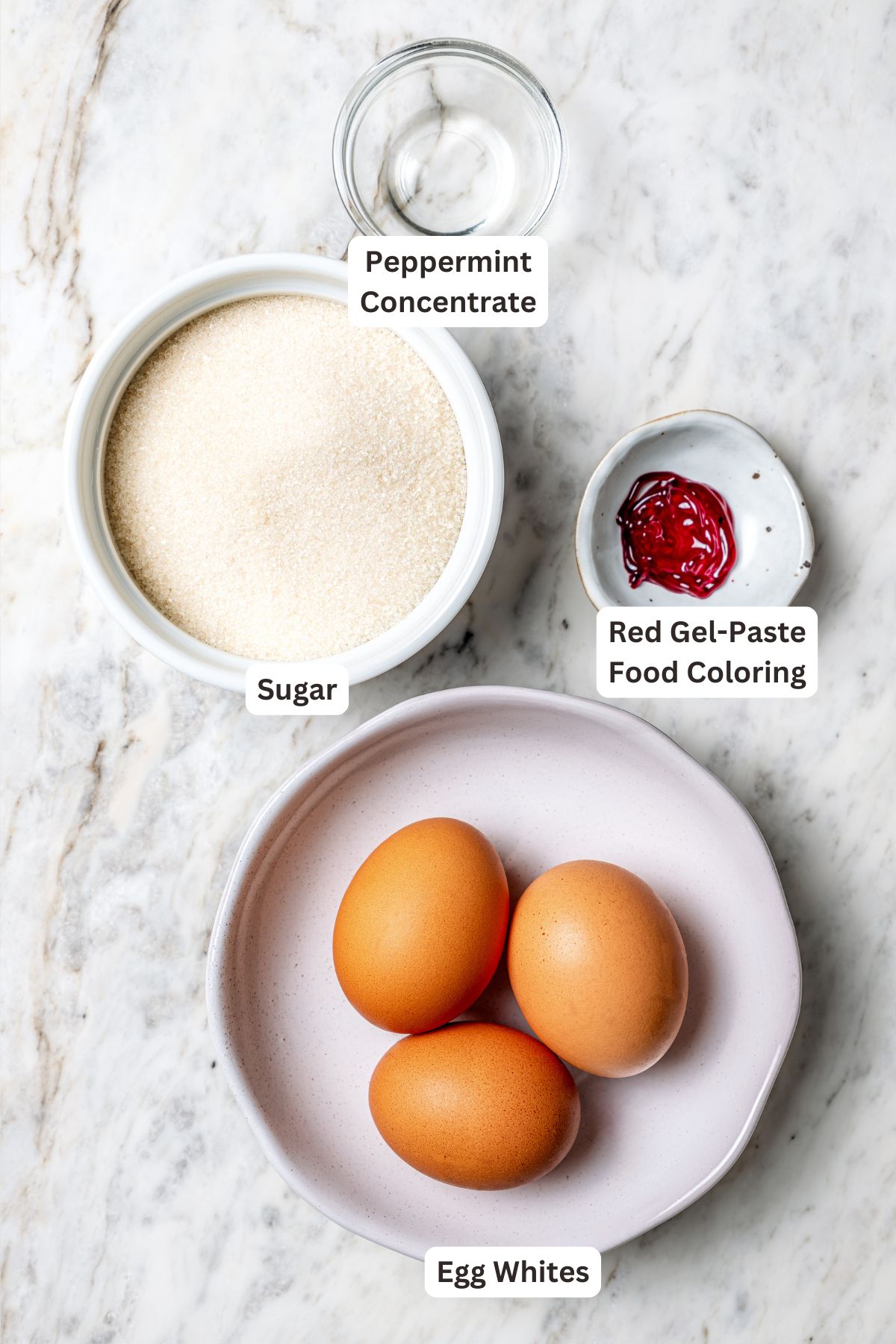 Overhead view of ingredients for peppermint meringues with labels