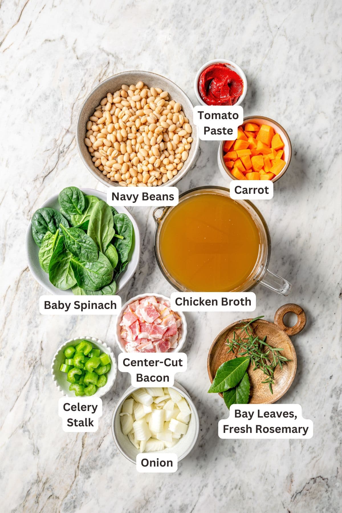 Overhead view of ingredients for navy bean soup with labels