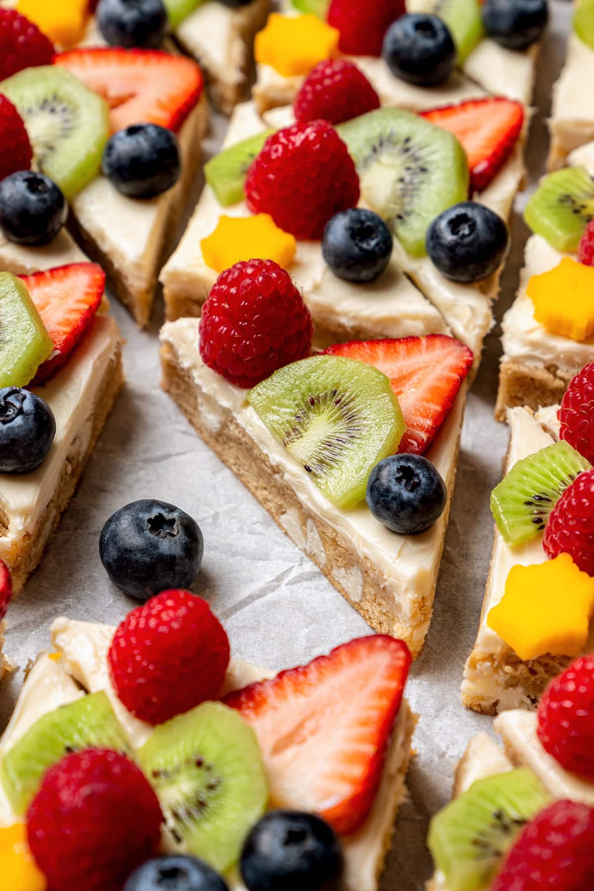 Sugar cookie fruit pizza on sheet pan
