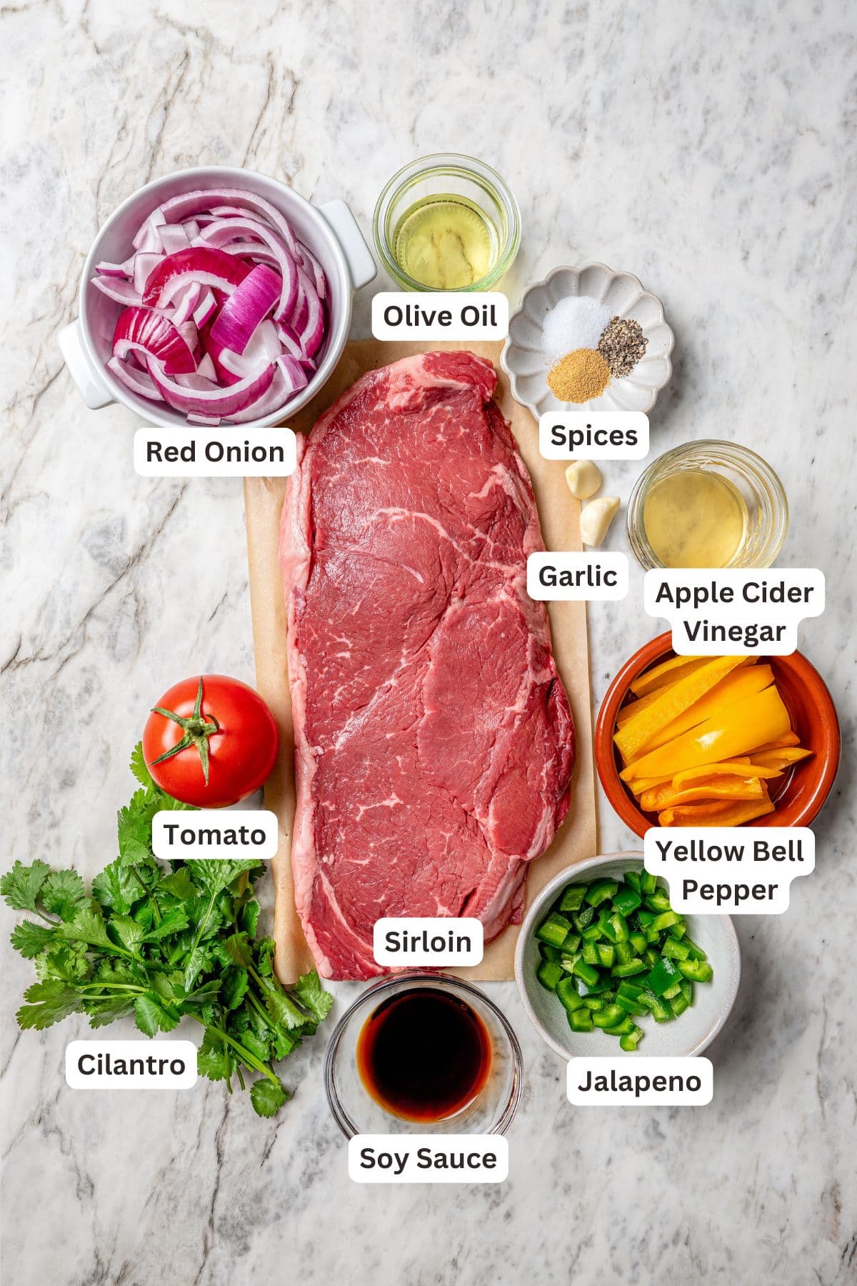 Overhead view of ingredients for beef stir fry for lomo saltado