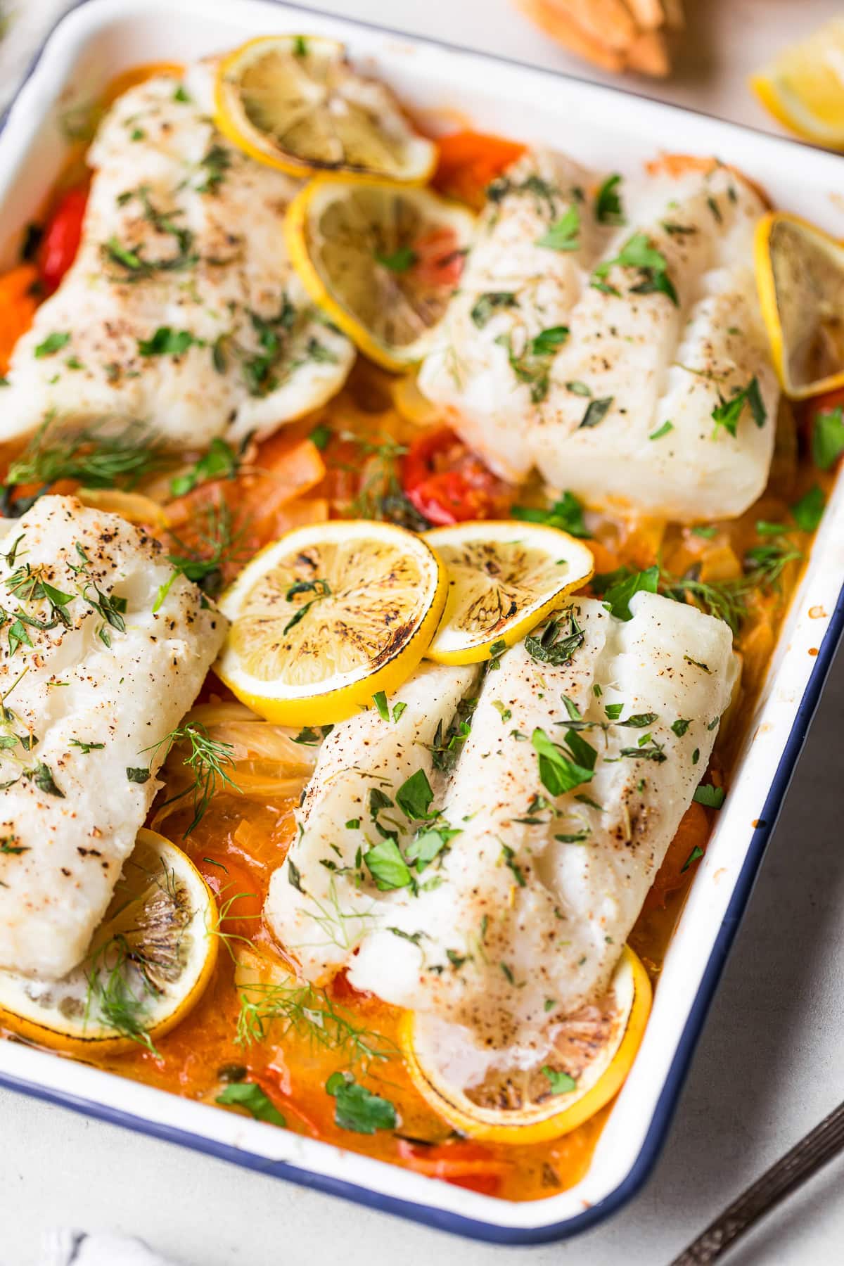 Baked Cod with Cherry Tomatoes, Fennel, and Capers