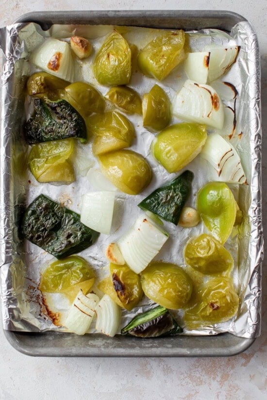 Roast tomatillos, onions, poblano and garlic