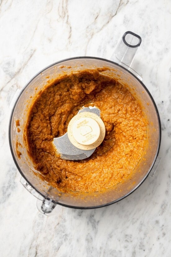 Overhead view of lentil taco filling in food processor
