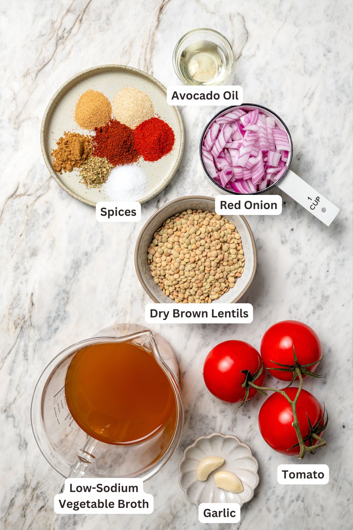 Overhead view of ingredients for lentil tacos
