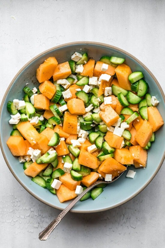 Cantaloupe, Cucumber and Feta in a bowl.