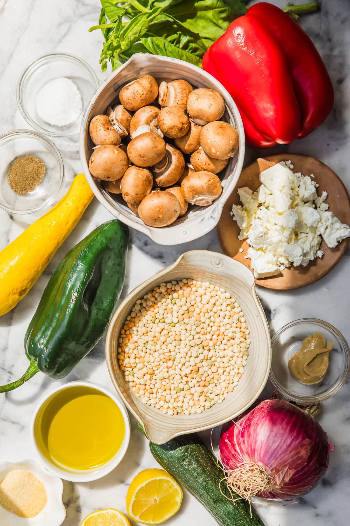 veggies, pearl couscous, basil and feta cheese