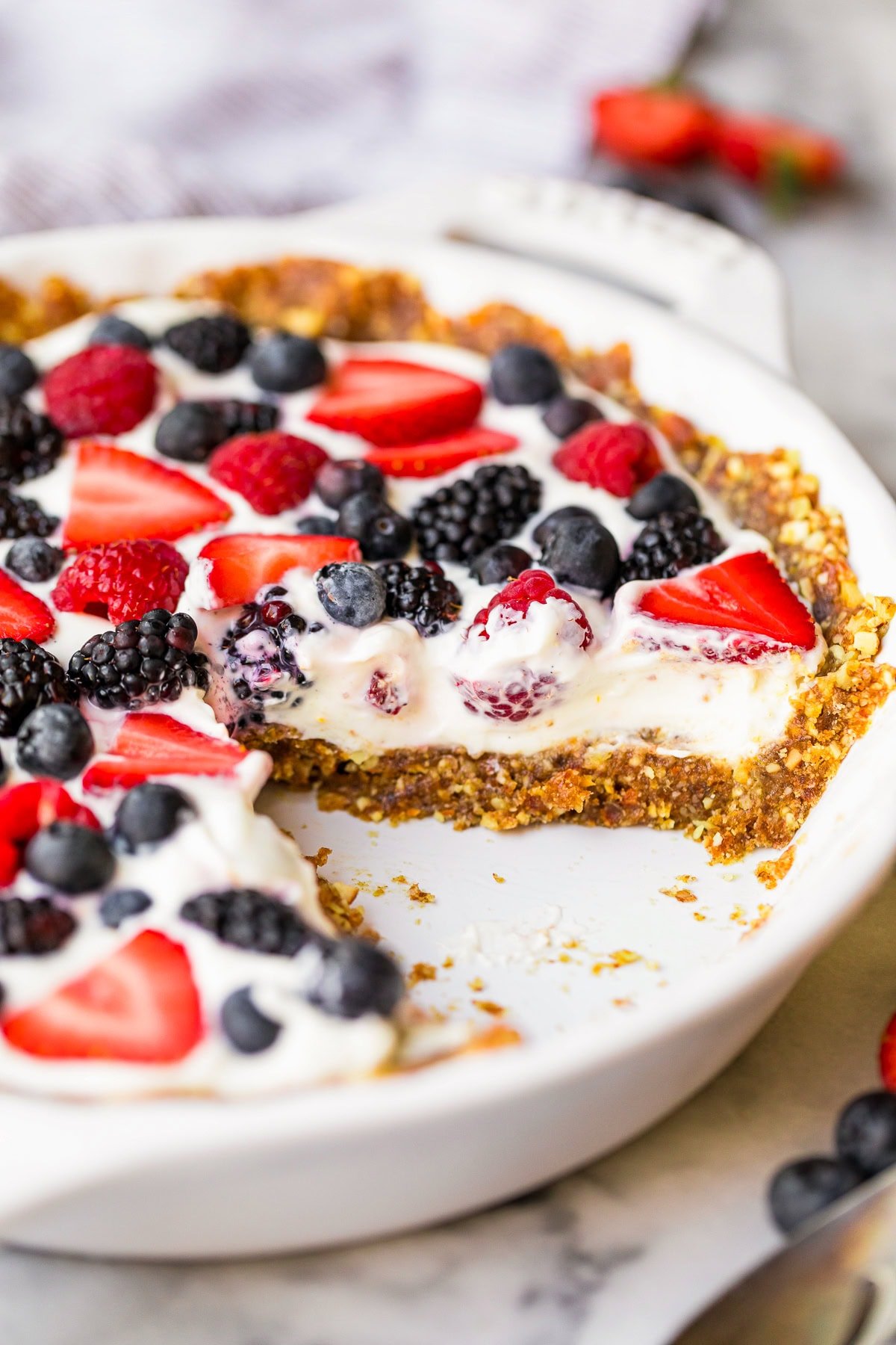 Yogurt Pie with Date Nut Crust and fresh berries