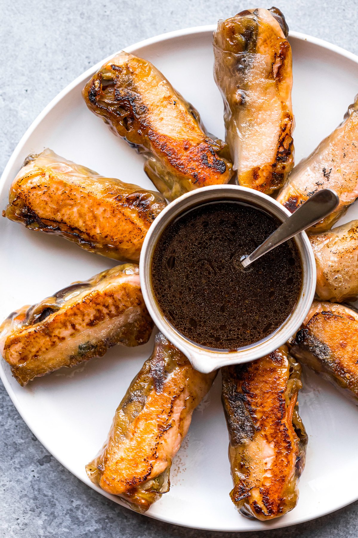 Salmon Spring Rolls with spicy soy dipping sauce