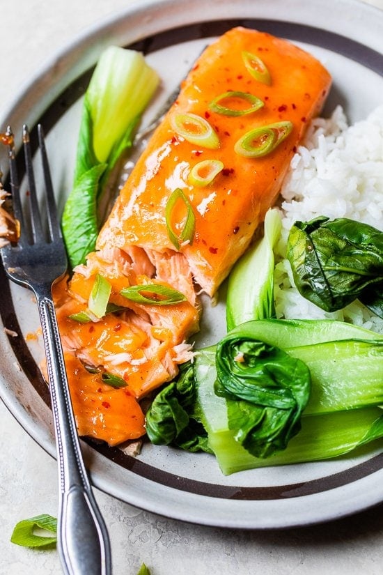 Sweet and Spicy Baked Salmon with rice and bok choy.