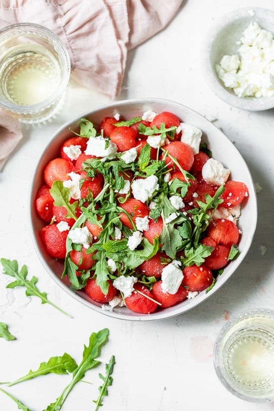 bowl with watermelon, feta and arugula