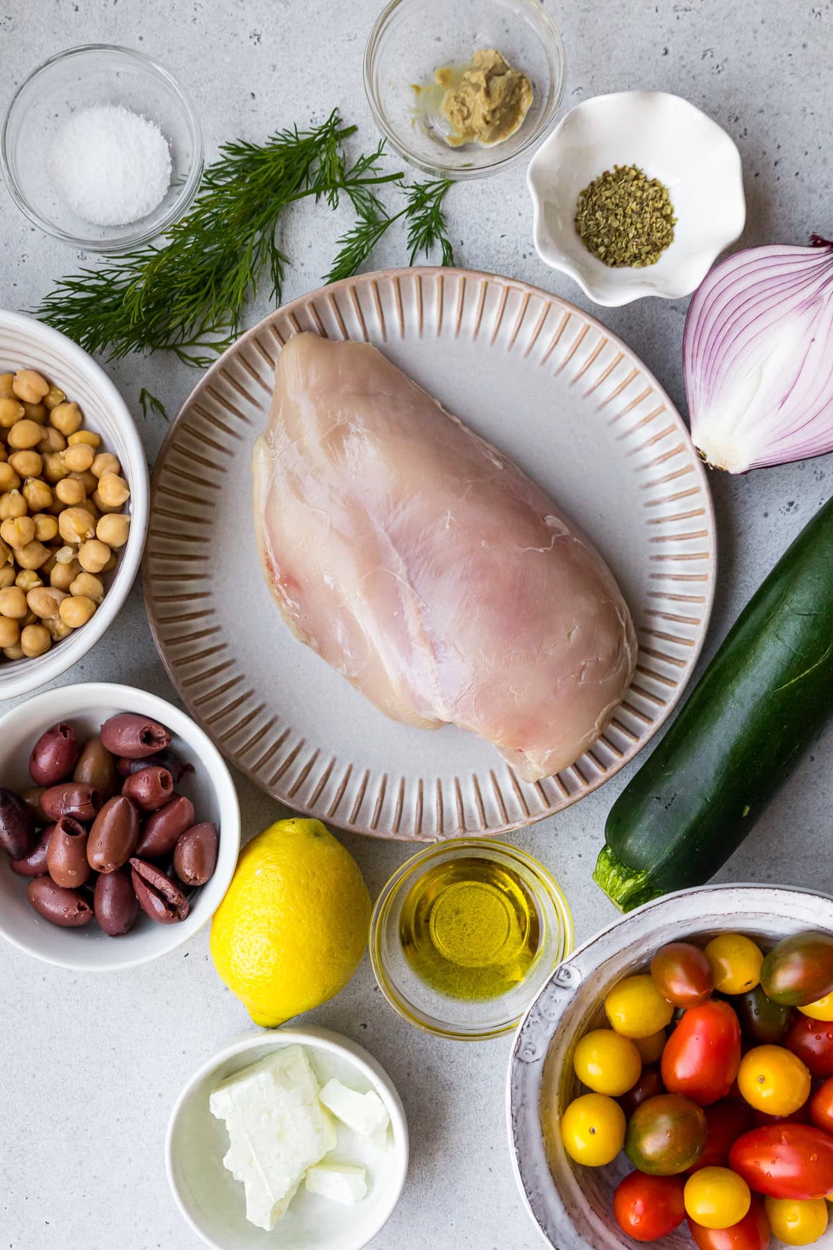 chicken breast, zucchini, tomatoes, olives, chickpeas