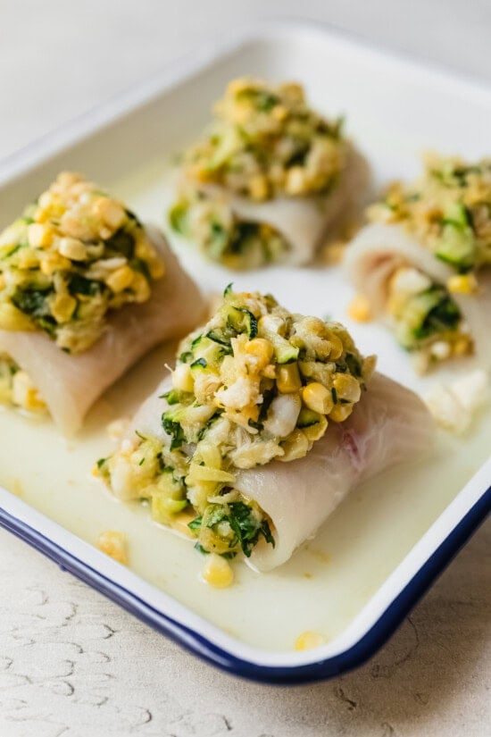 Stuffed fish with corn and crab