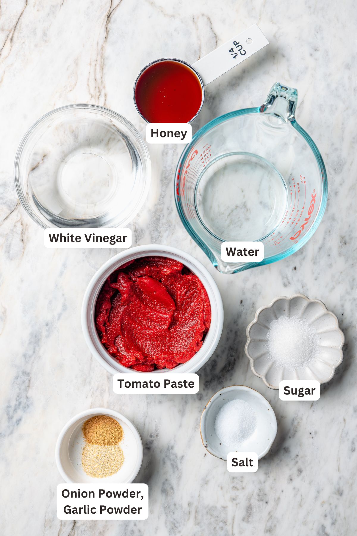 Overhead view of ingredients for homemade ketchup