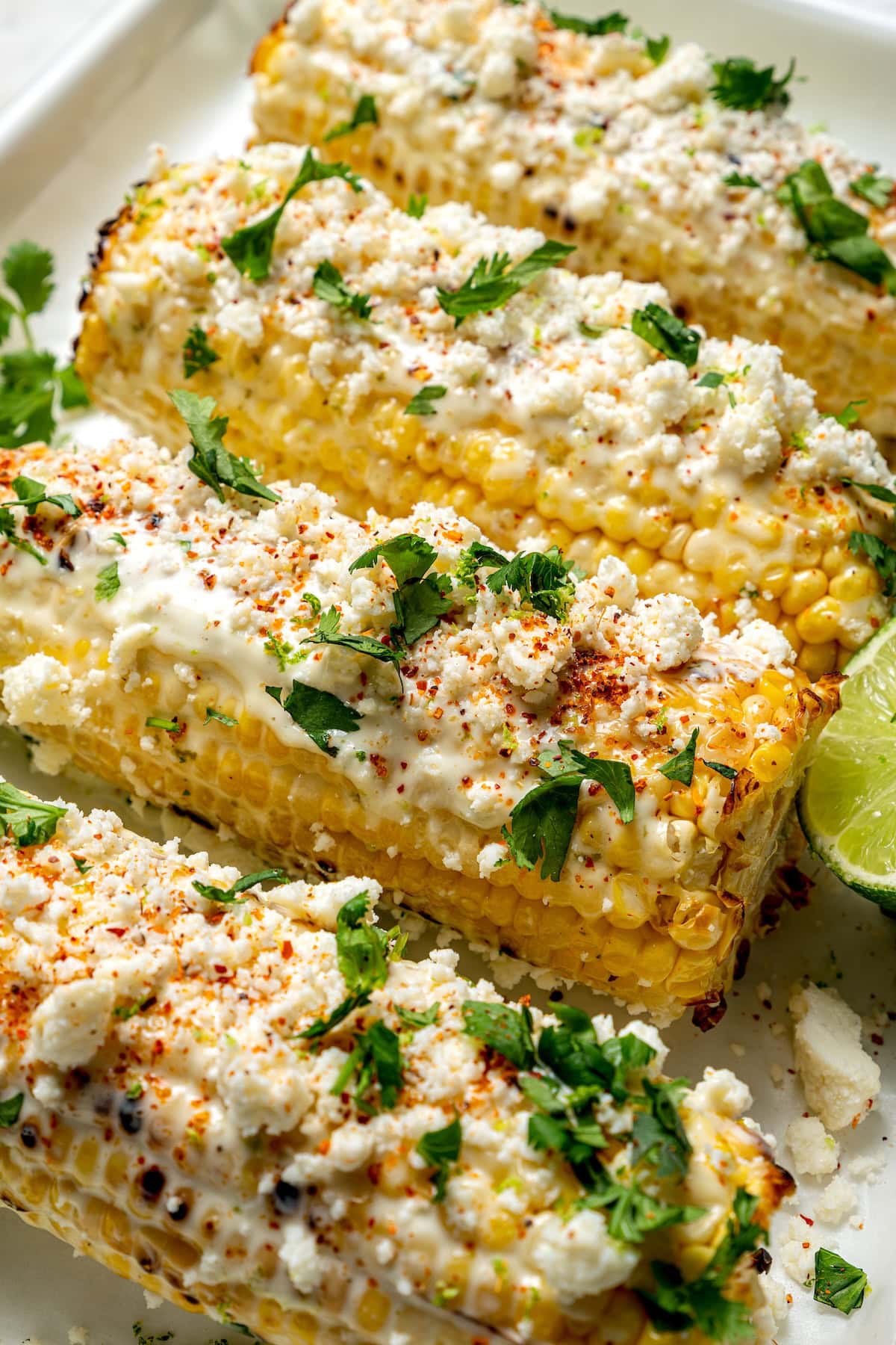 4 ears of Mexican street corn with lime mayo, cotija, Tajin, and cilantro