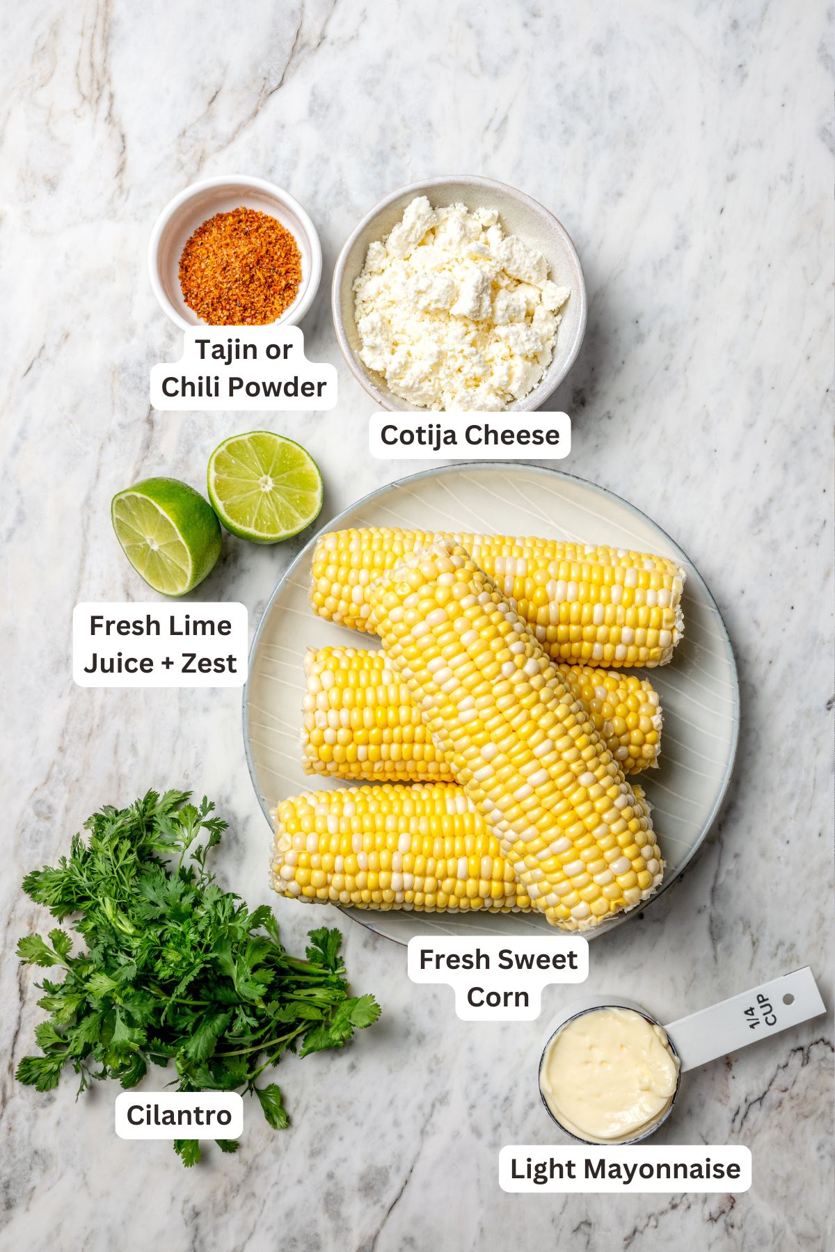 Overhead view of ingredients for Mexican street corn recipe