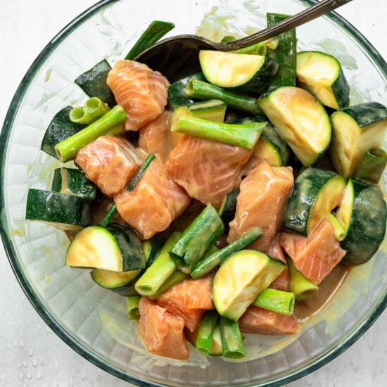 Miso marinade with salmon and veggies in a bowl