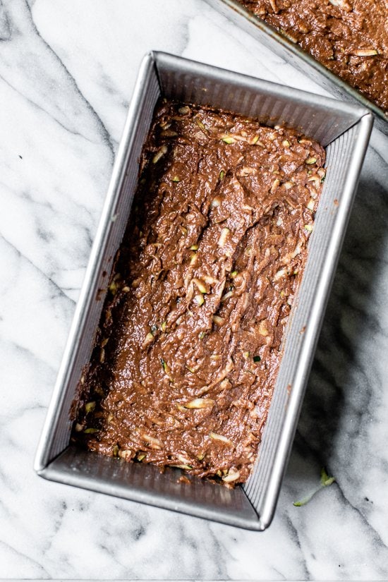 Chocolate Zucchini Bread in a metal pan