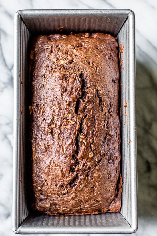 Overhead view of chocolate zucchini bread in pan