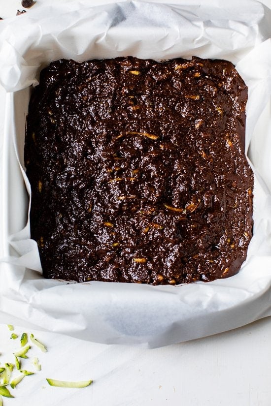 Zucchini brownie batter in a baking pan