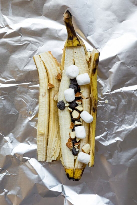 banana, foil, marshmallow, chocolate chips and nuts