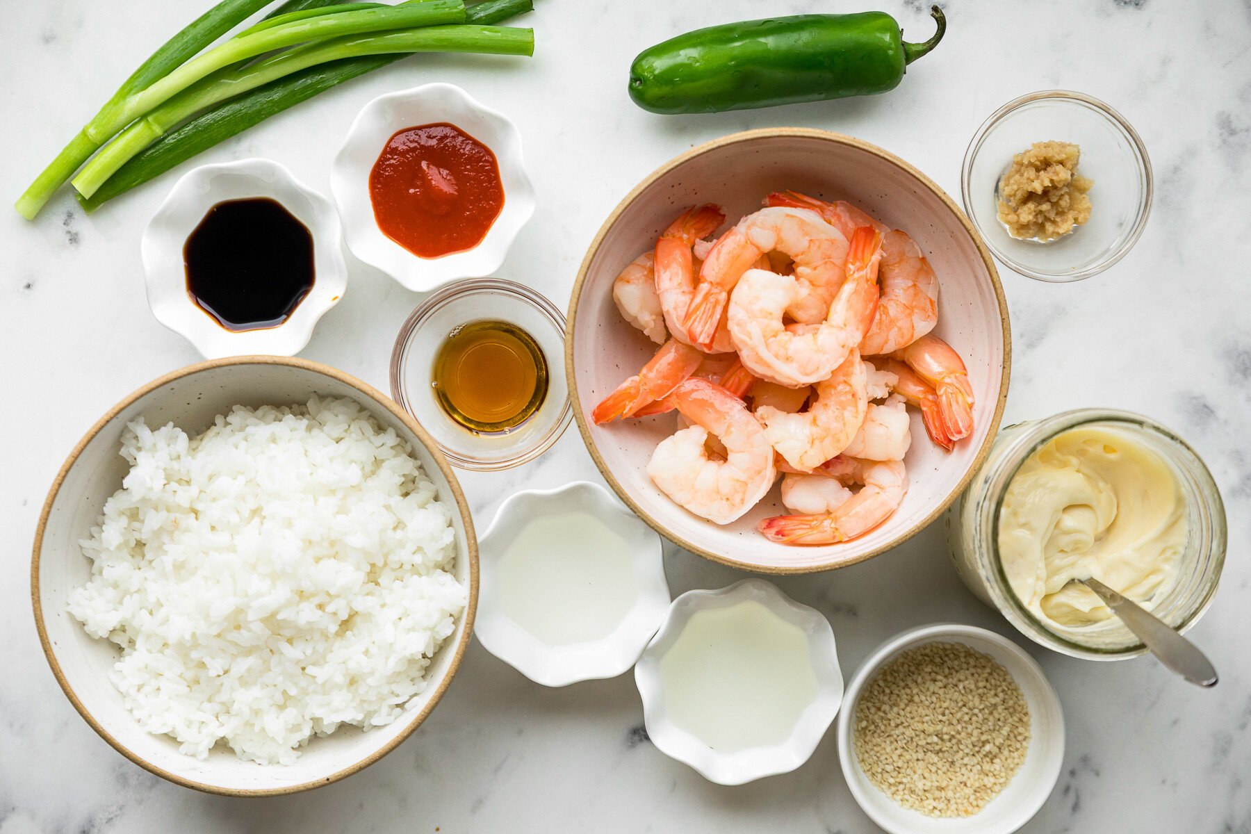 shrimp, rice, jalapeno, sriracha