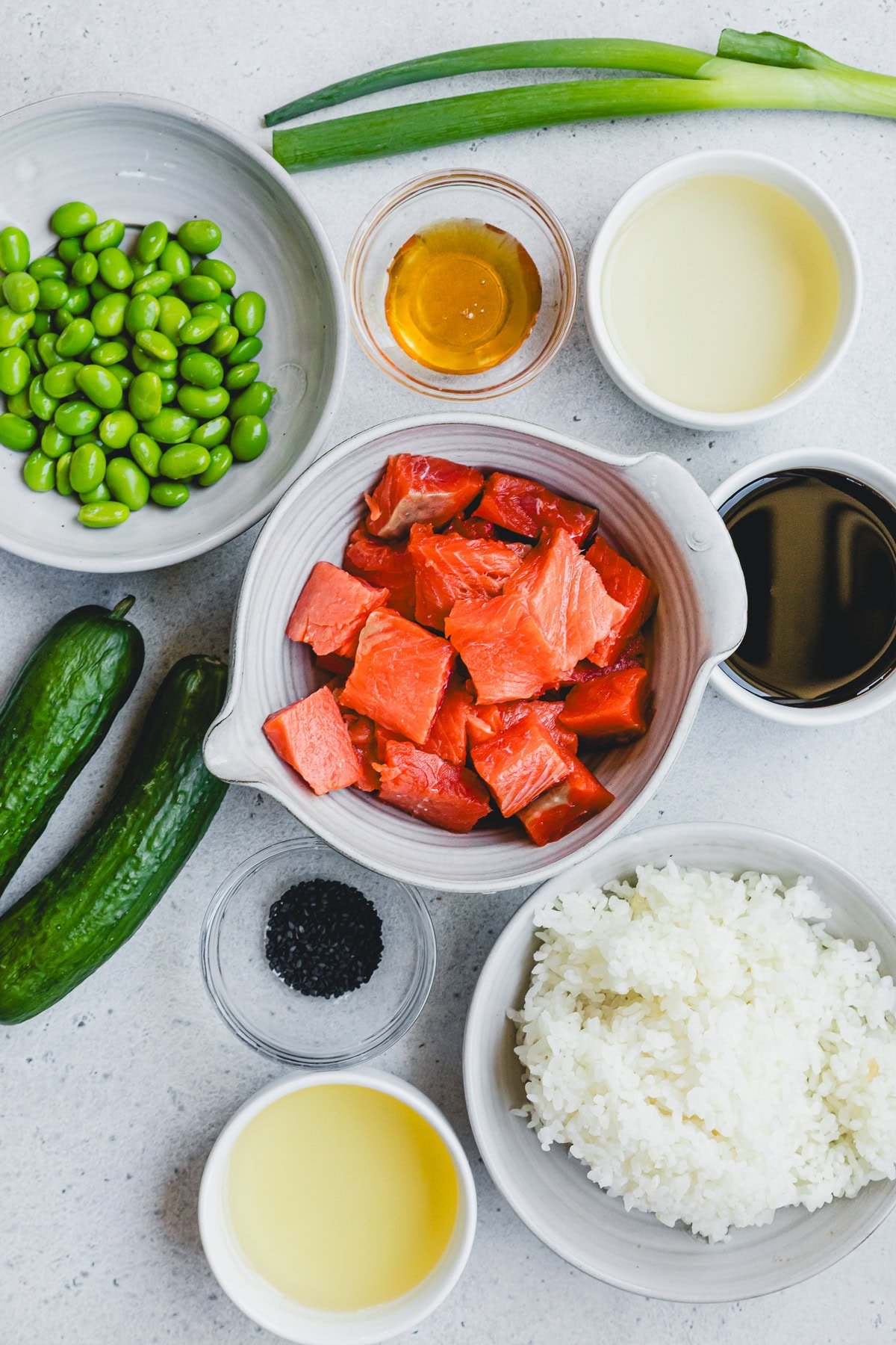 salmon, cucumbers, edamame, rice