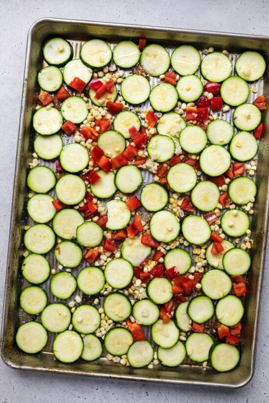 sheet pan with zucchini, corn and bell peppers