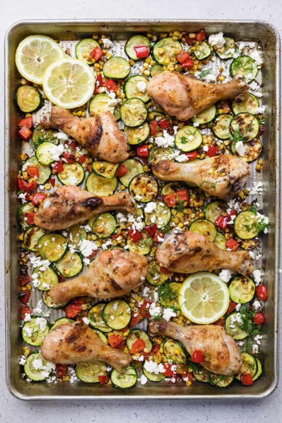 Sheet Pan Chicken Drumsticks with Zucchini, Bell Peppers and Corn