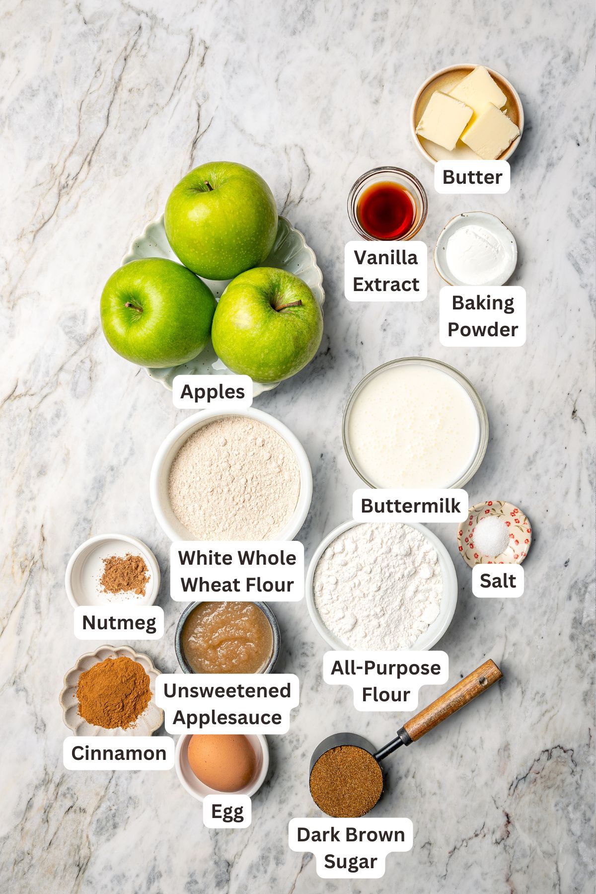 Overhead view of ingredients for apple scones with labels