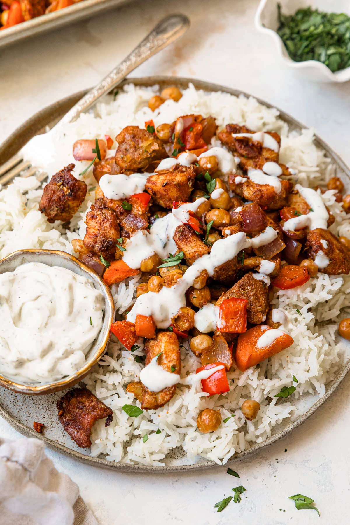 Chicken Shawarma with veggies and chickpeas over rice