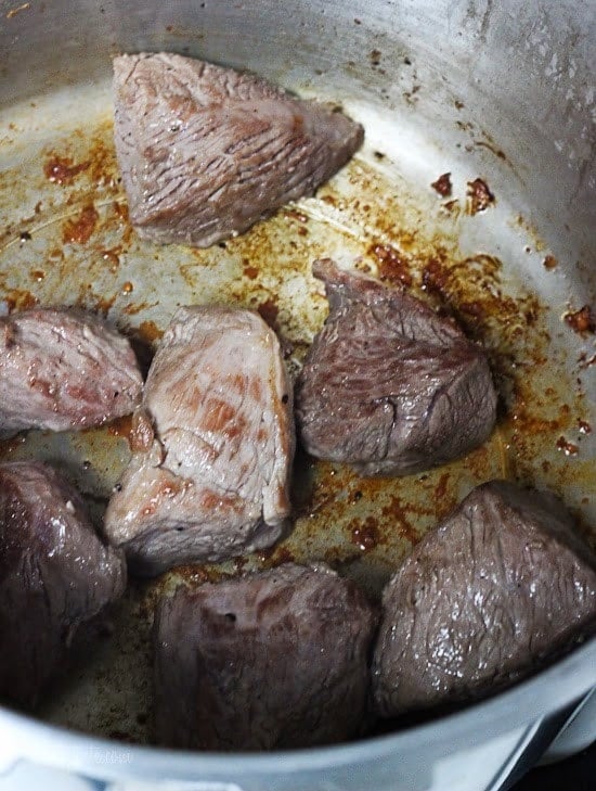 Pork browned in Instant Pot for pozole rojo.