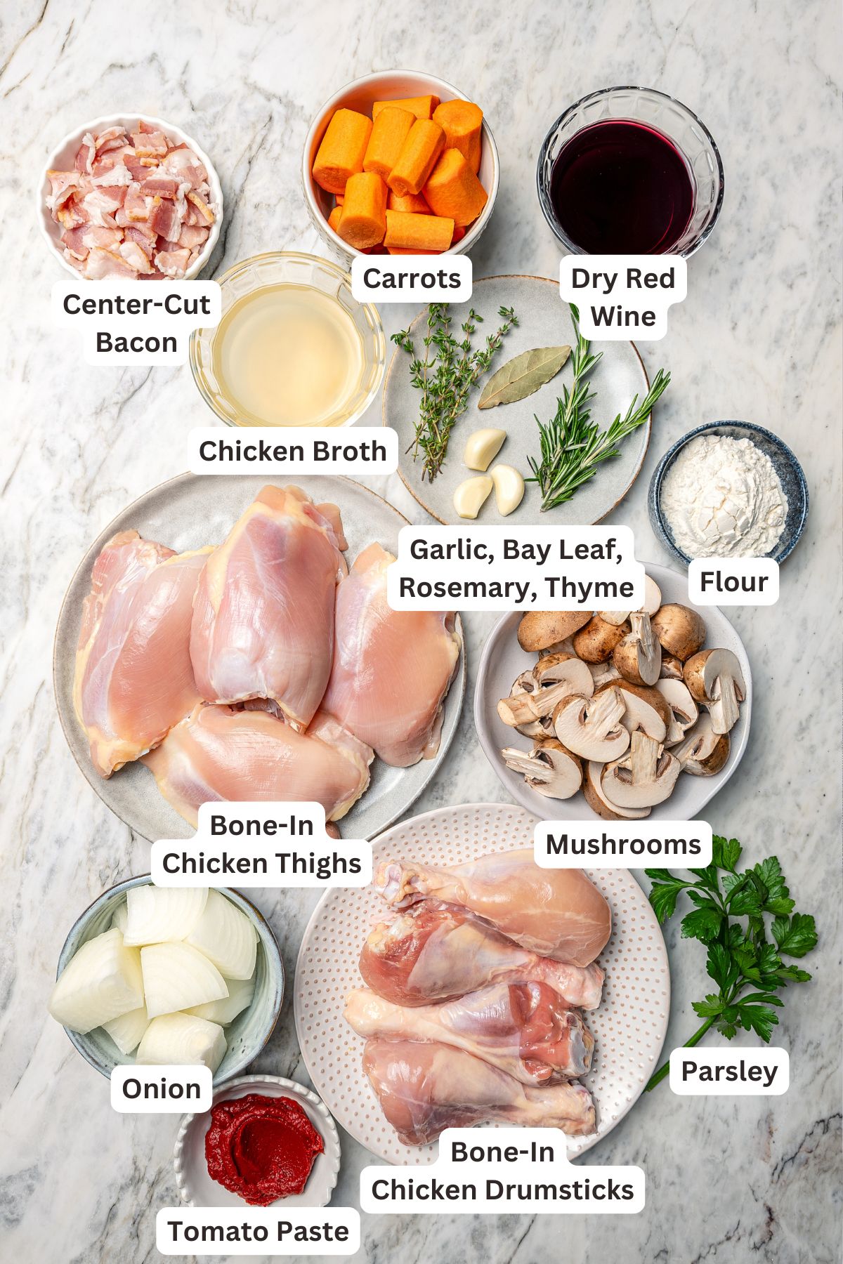 Ingredients for slow cooker coq au vin.