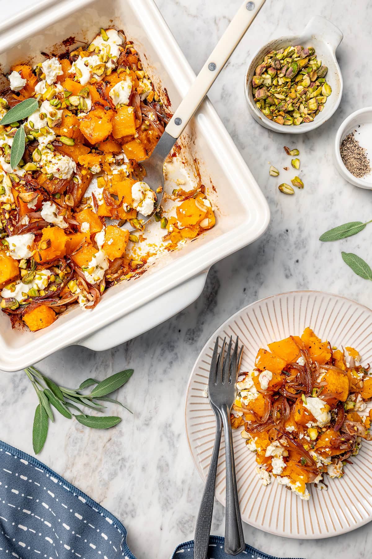 Butternut squash bake in pan and on plate.