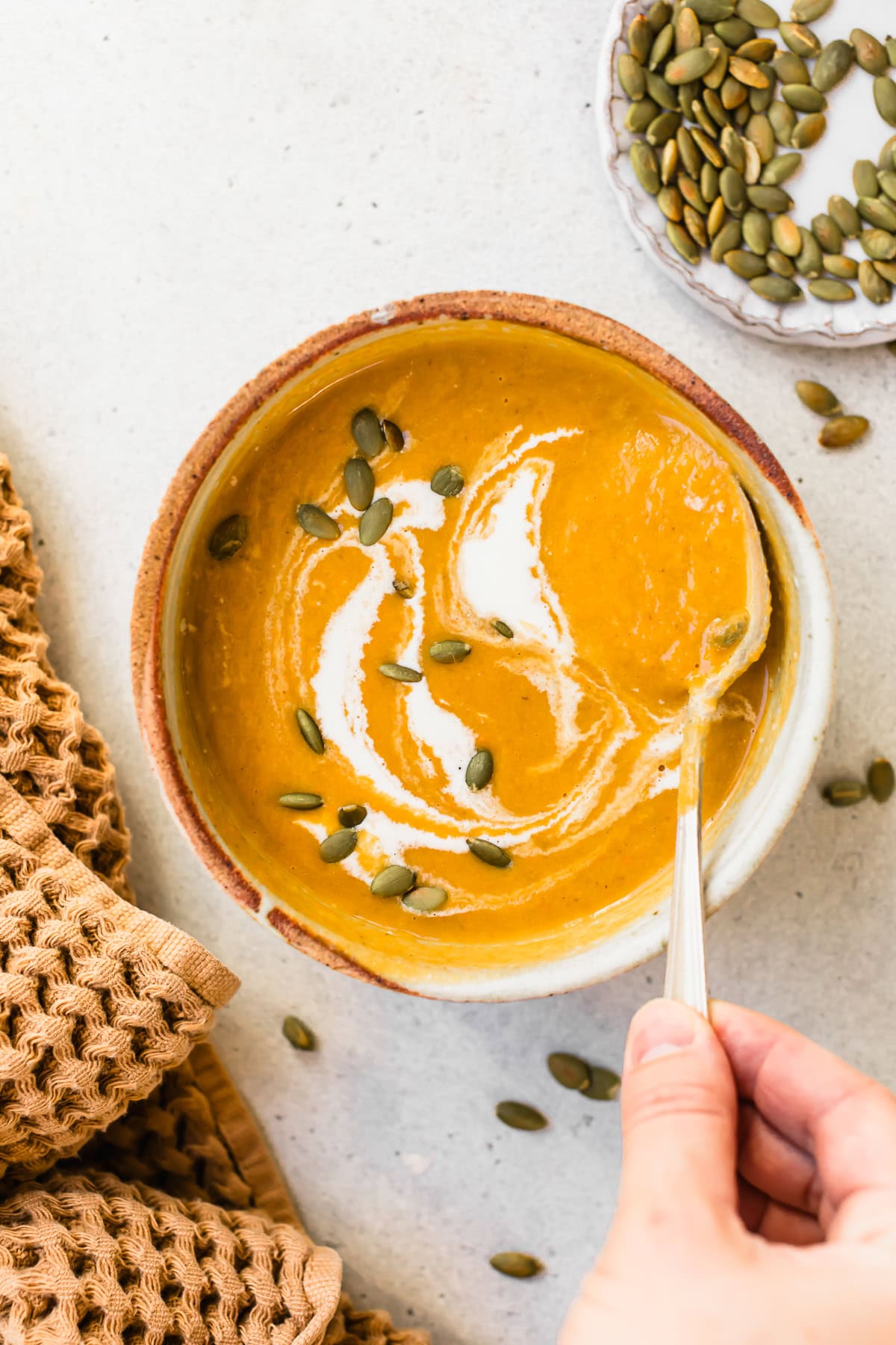 Healing pumpkin soup made with canned pumpkin and coconut milk.