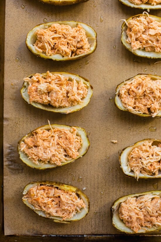 Stuff the potato skins with buffalo chicken