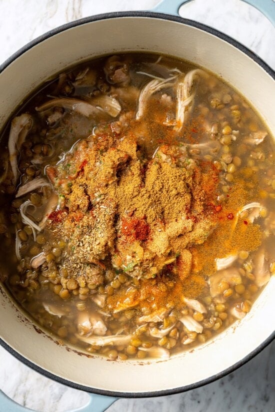 Spices added to pot of chicken lentil soup.