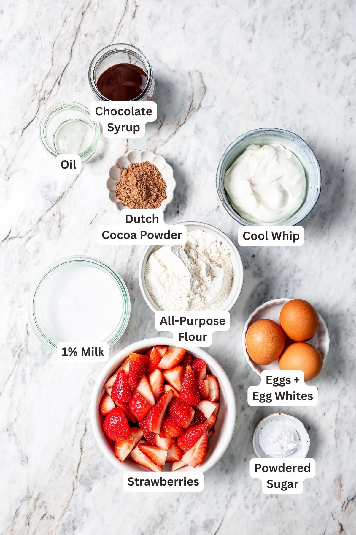 Ingredients for chocolate crepes with labels.