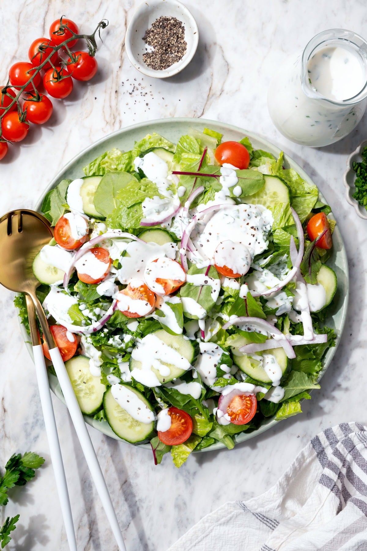 Buttermilk ranch dressing on garden salad.