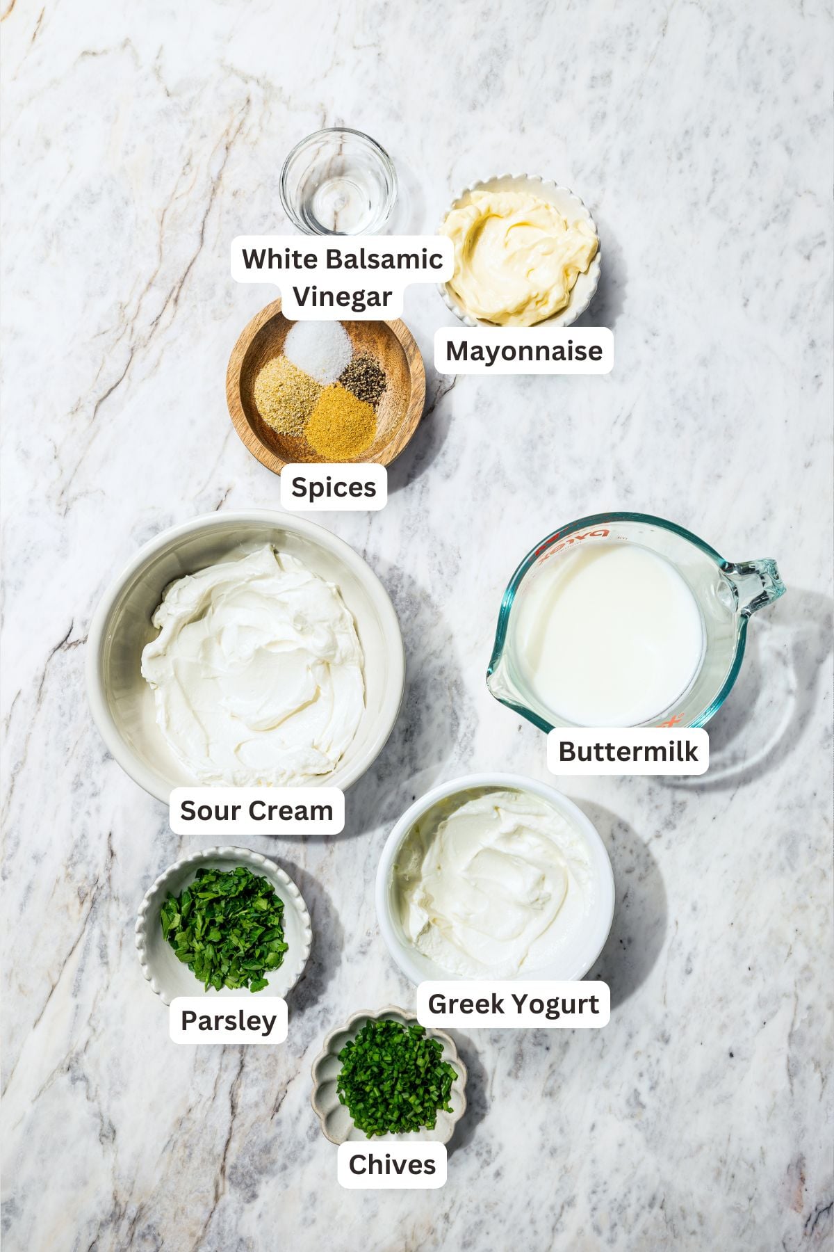 Ingredients for buttermilk ranch dressing.