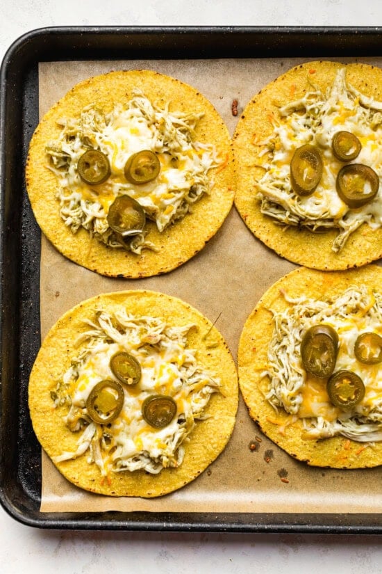 tostadas with melted cheese out of the oven