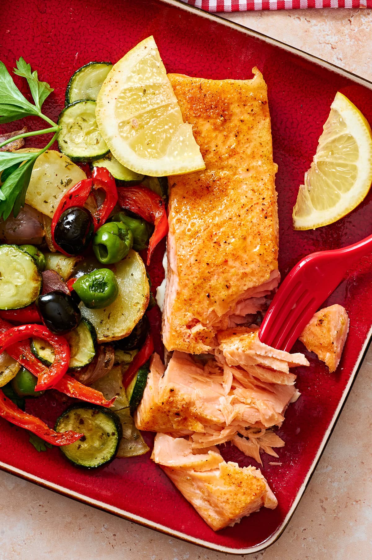 Mediterranean Salmon and vegetables on a plate