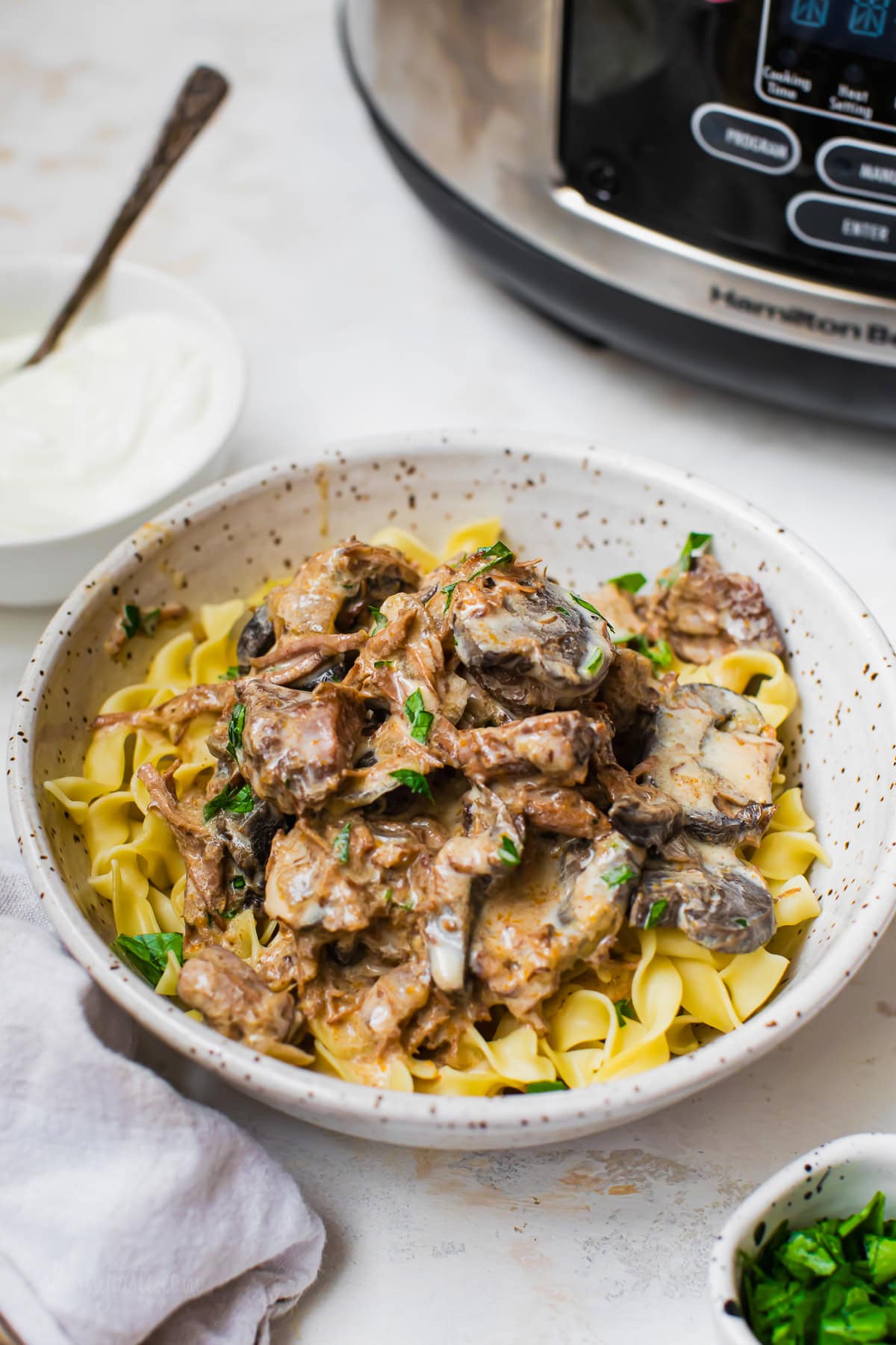 Slow Cooker Beef Stroganoff and egg noodles