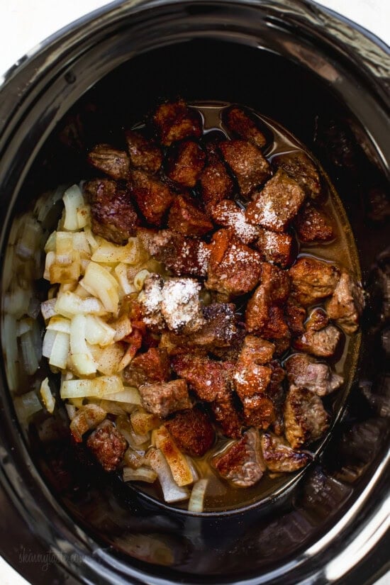 Beef Stroganoff elements in the crockpot 