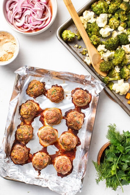 juicy turkey meatballs, roasted sweet potatoes, cauliflower and broccoli
