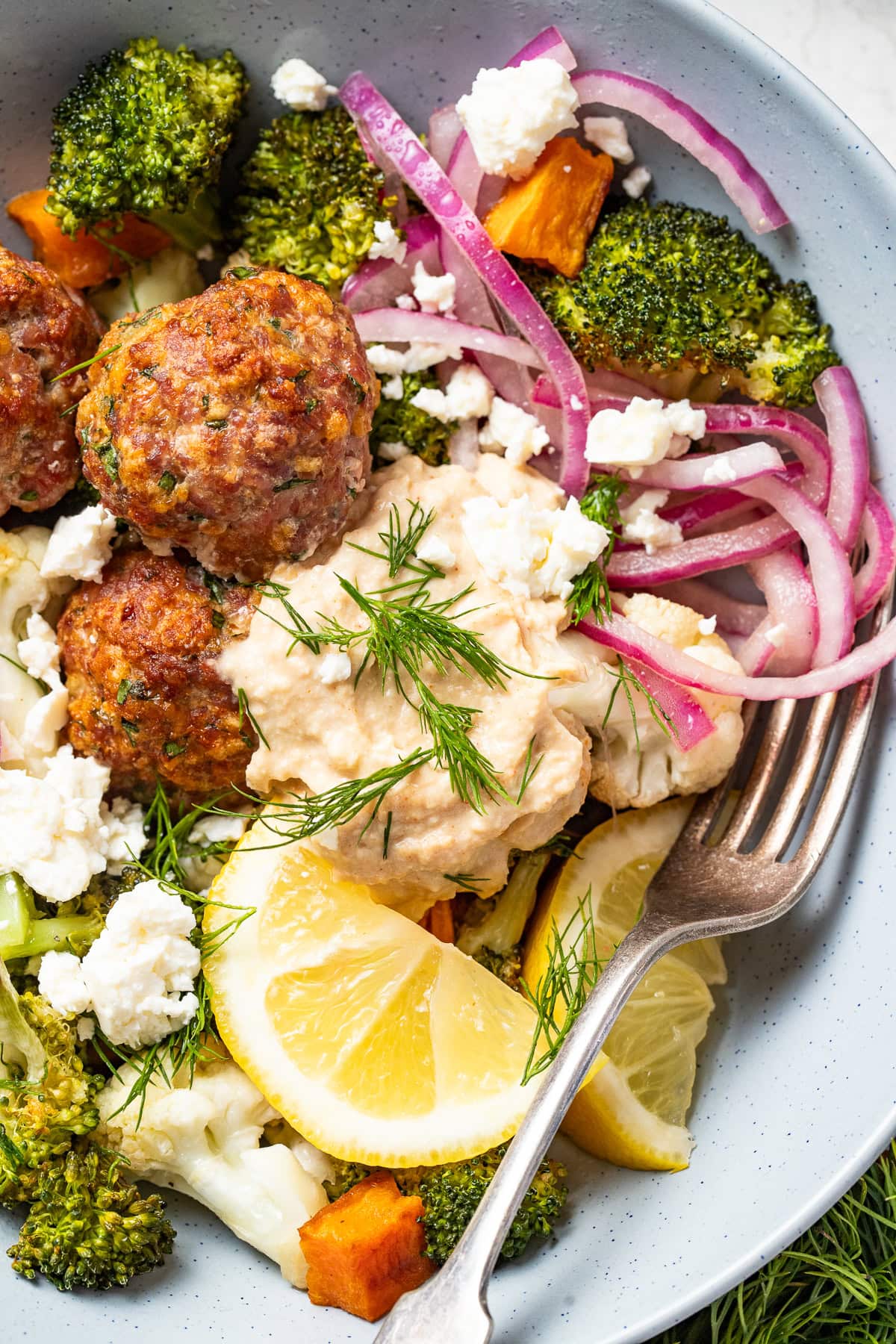 Sheet Pan Mediterranean Meatball Bowls with Pickled Red Onion