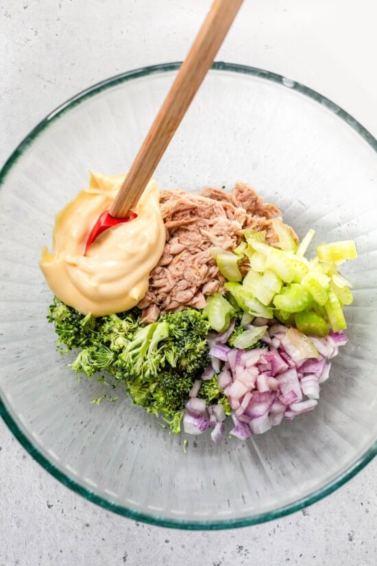 tuna salad ingredients in a bowl