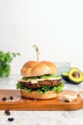 Black bean burger on a wooden board.