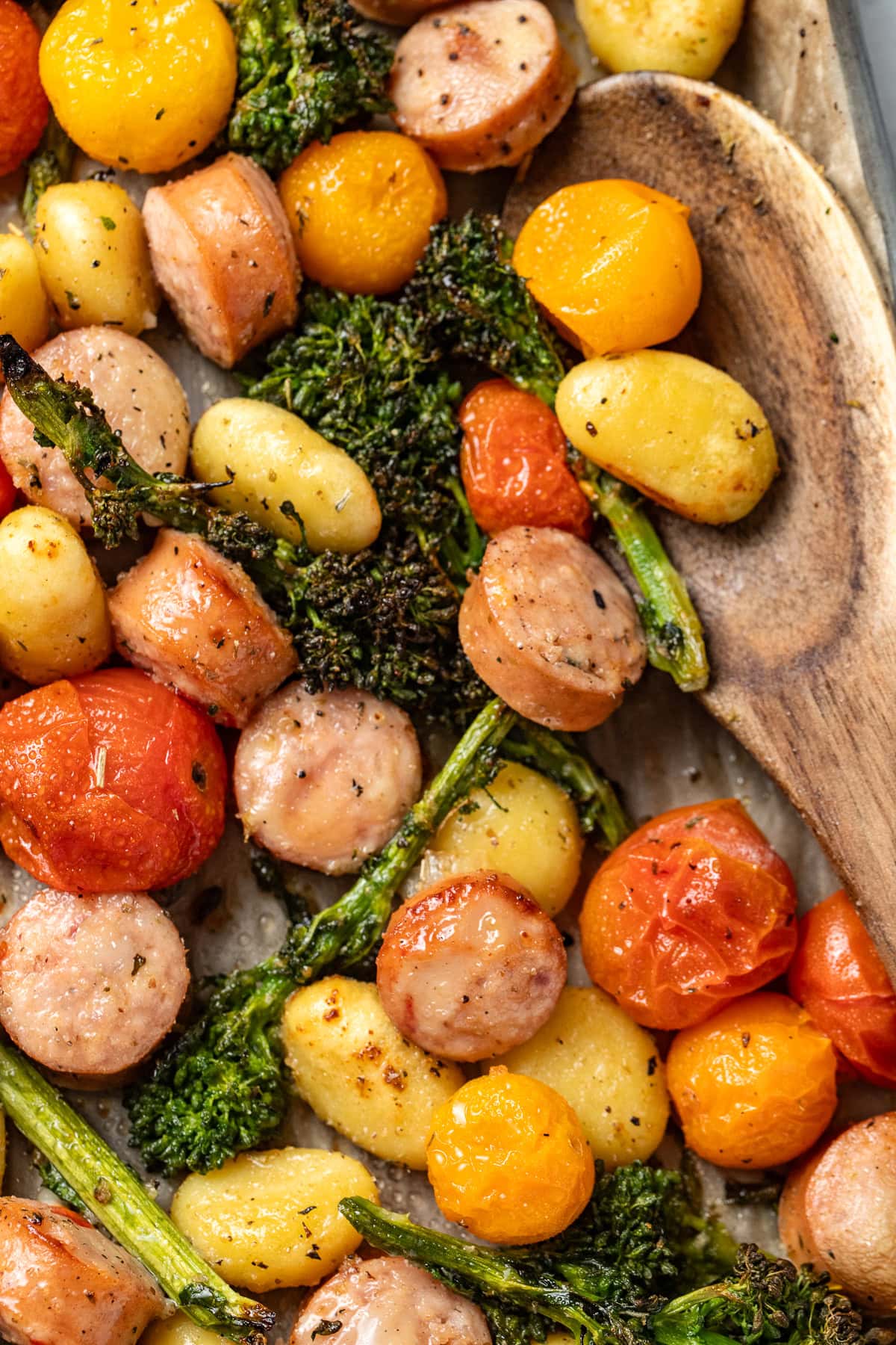close up of sheet pan gnocchi