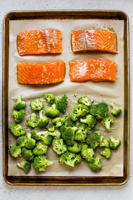 salmon and broccoli on sheet pan